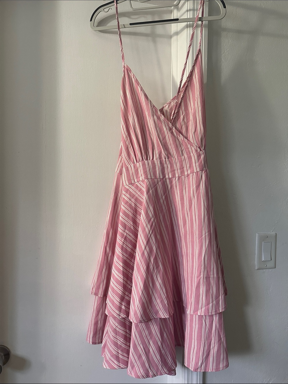 SHEIN Pink Striped Tie-Shoulder Tiered Sundress